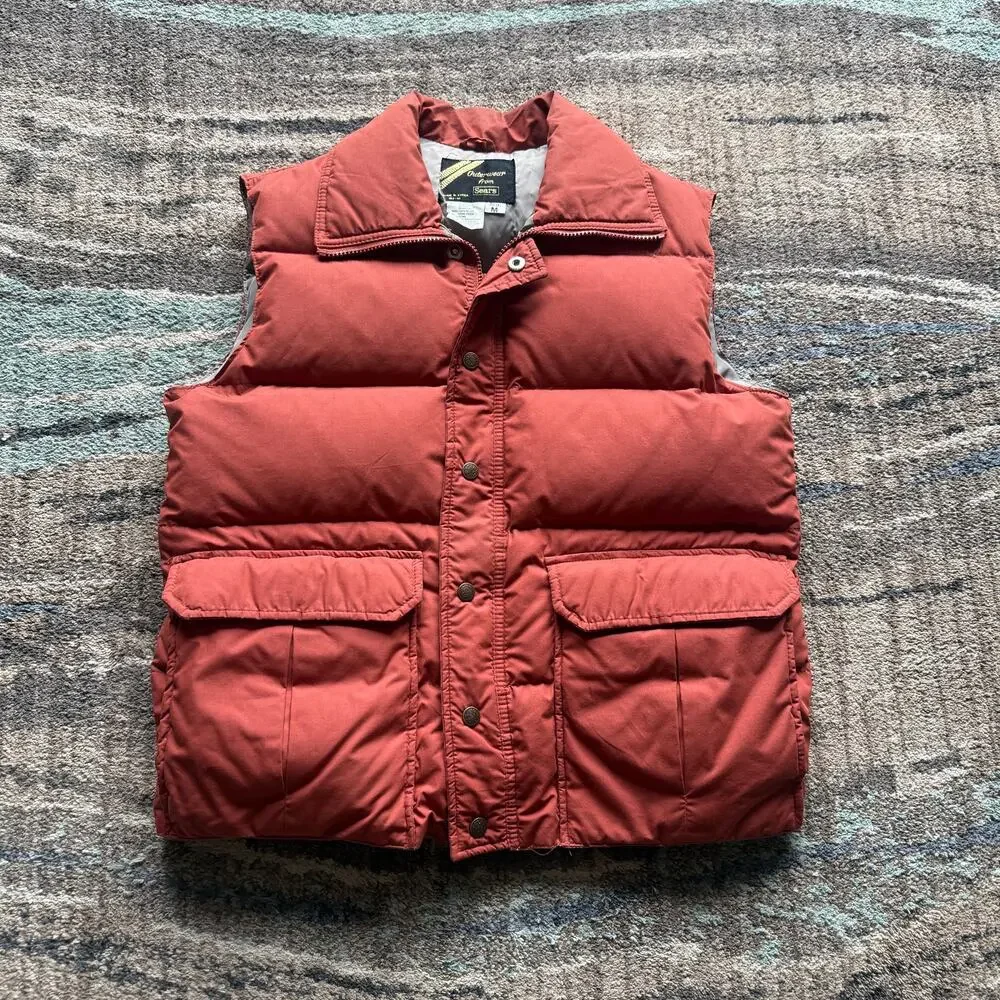 Men's Vintage 80's Sears Outerwear Orange Down Fill Puffer Vest Jacket Sz Medium